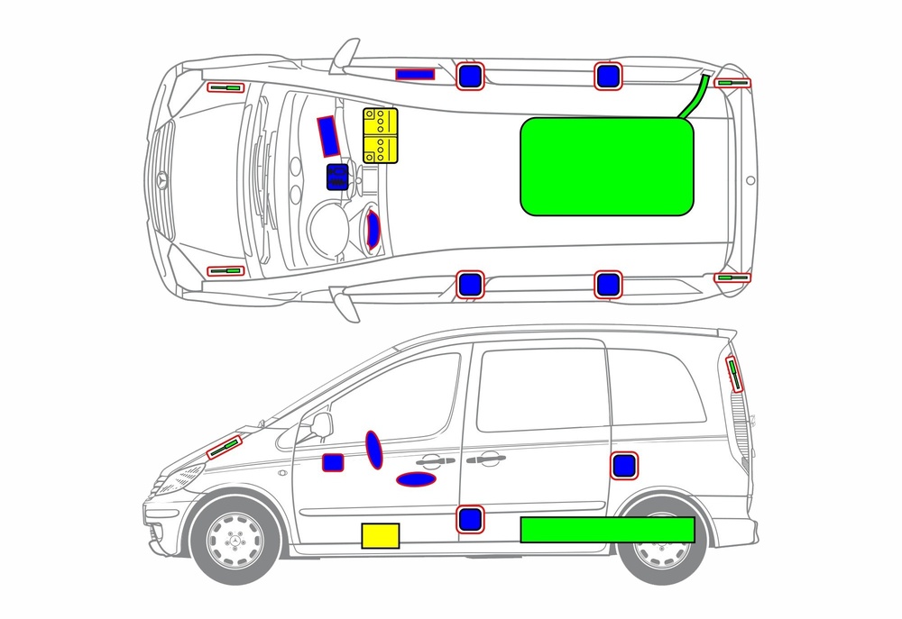 Line drawing of vehicle with markings of safety-relevant components and rescue points. 