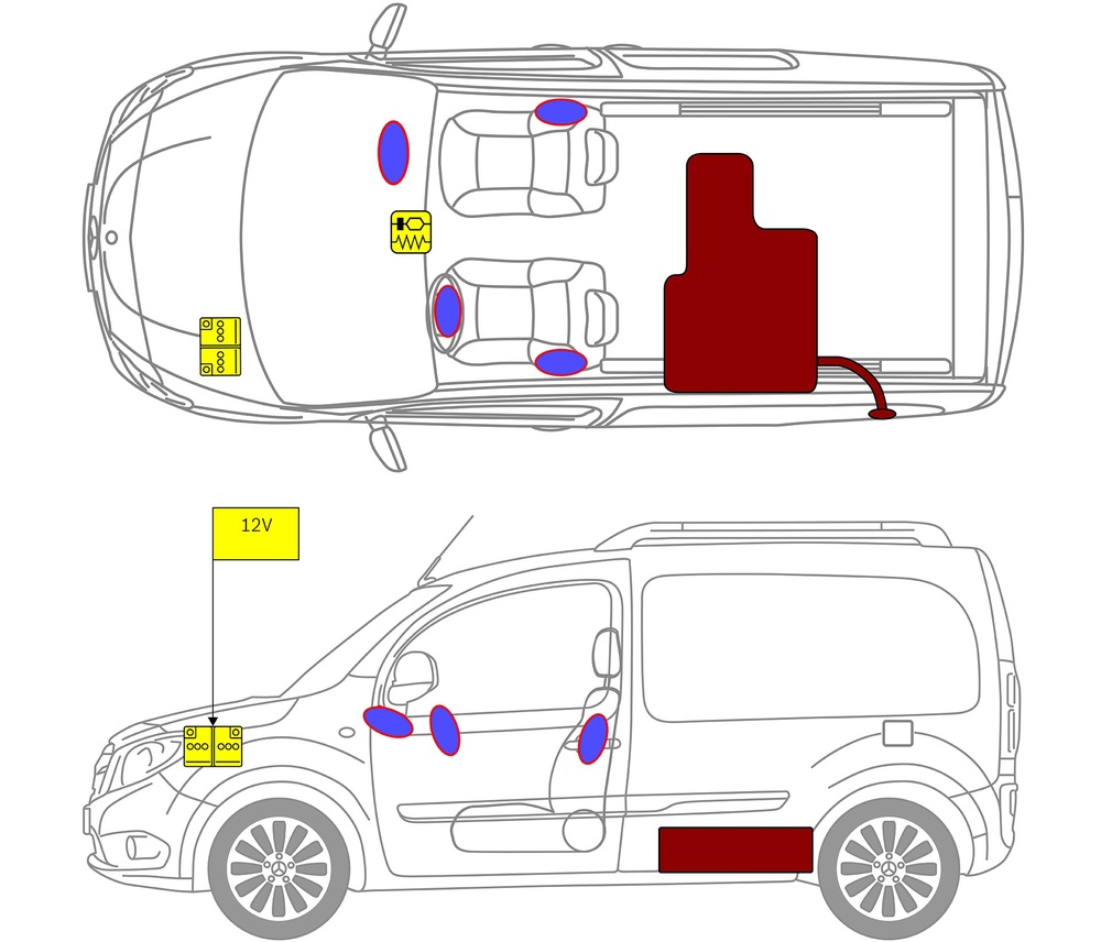 Line drawing of vehicle with markings of safety-relevant components and rescue points. 