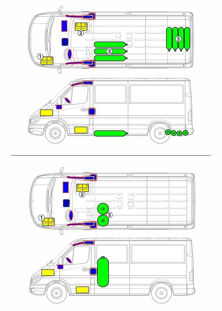 Line drawing of vehicle with markings of safety-relevant components and rescue points. 