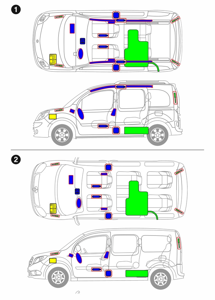 Line drawing of vehicle with markings of safety-relevant components and rescue points. 