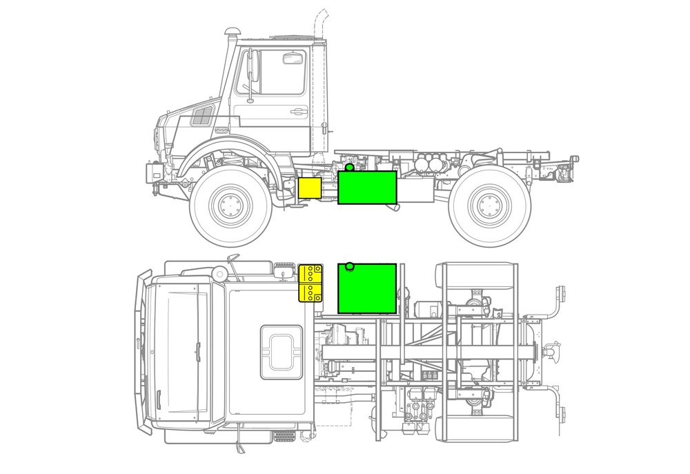 Line drawing of vehicle with markings of safety-relevant components and rescue points. 