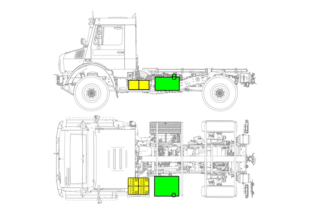 Line drawing of vehicle with markings of safety-relevant components and rescue points. 