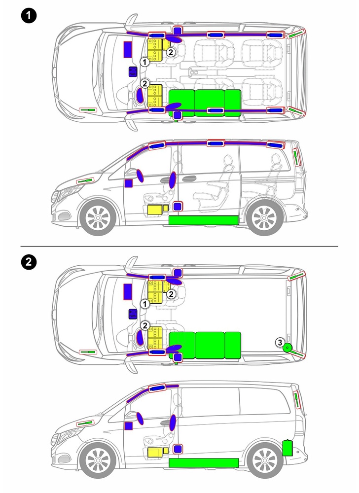 Line drawing of vehicle with markings of safety-relevant components and rescue points. 
