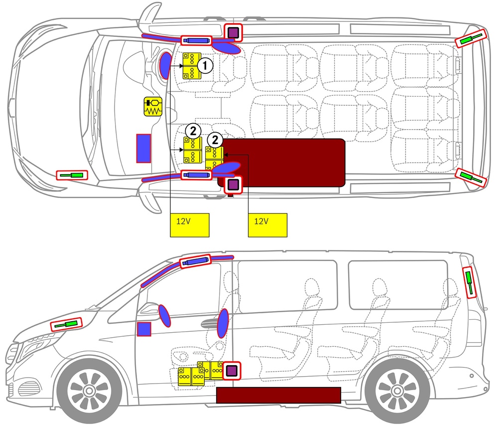 Line drawing of vehicle with markings of safety-relevant components and rescue points. 