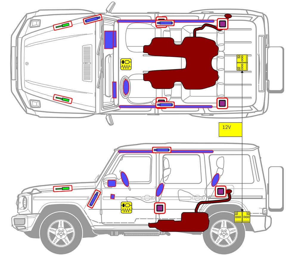 Line drawing of vehicle with markings of safety-relevant components and rescue points. 