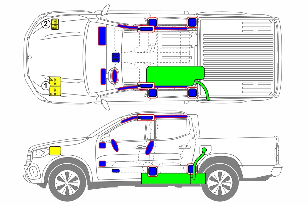 Line drawing of vehicle with markings of safety-relevant components and rescue points. 
