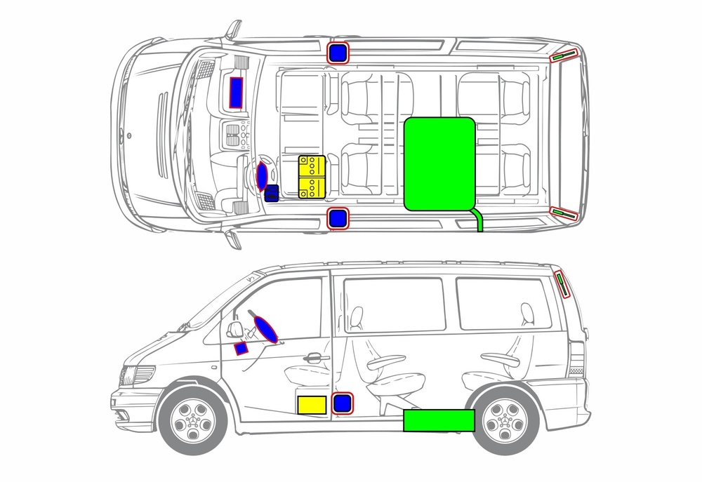 Line drawing of vehicle with markings of safety-relevant components and rescue points. 