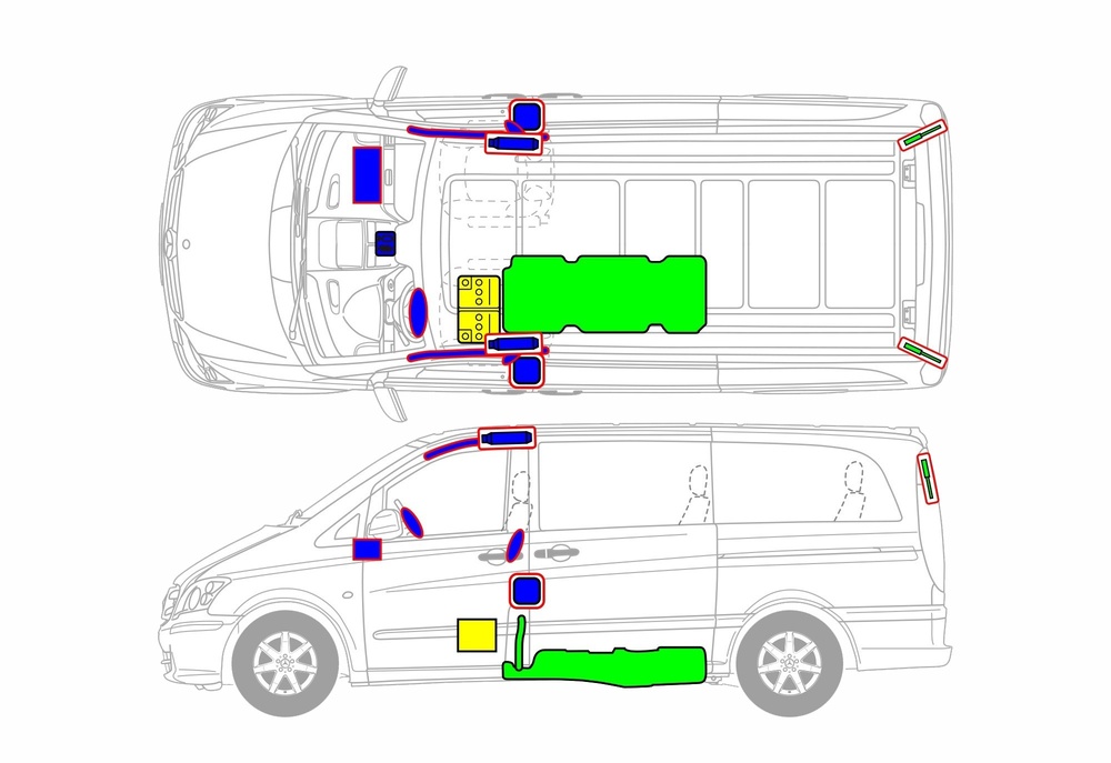 Line drawing of vehicle with markings of safety-relevant components and rescue points. 