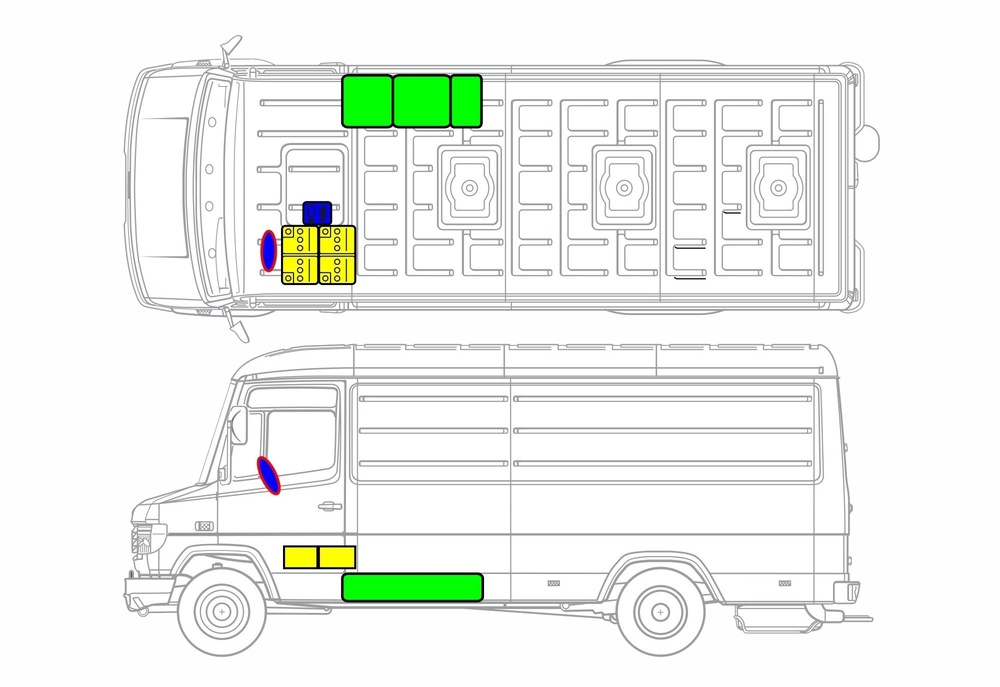Line drawing of vehicle with markings of safety-relevant components and rescue points. 