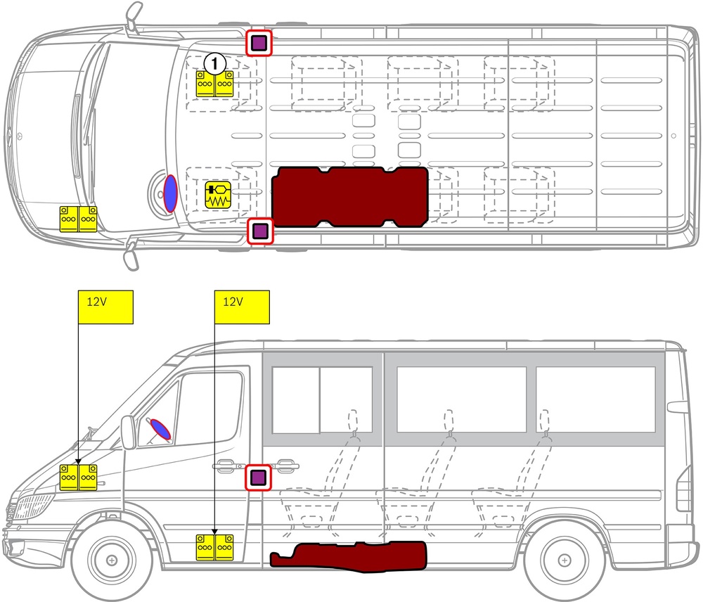 Line drawing of vehicle with markings of safety-relevant components and rescue points. 