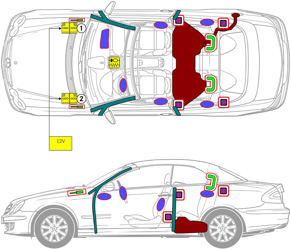 Line drawing of vehicle with markings of safety-relevant components and rescue points. 