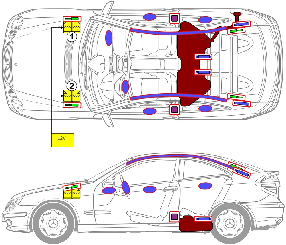 Line drawing of vehicle with markings of safety-relevant components and rescue points. 