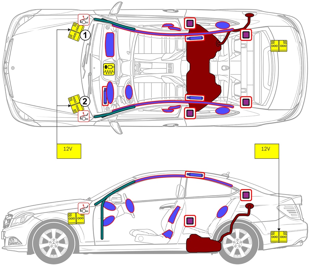 Line drawing of vehicle with markings of safety-relevant components and rescue points. 