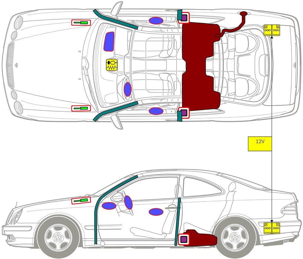 Line drawing of vehicle with markings of safety-relevant components and rescue points. 
