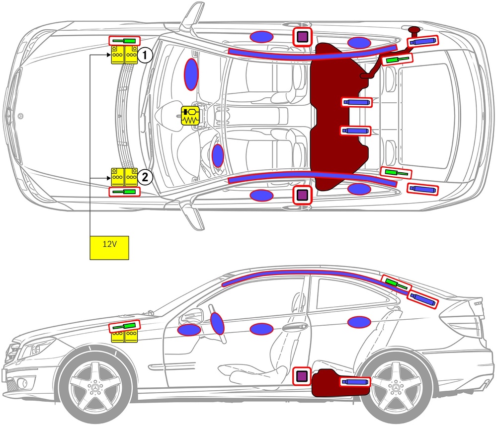 Line drawing of vehicle with markings of safety-relevant components and rescue points. 
