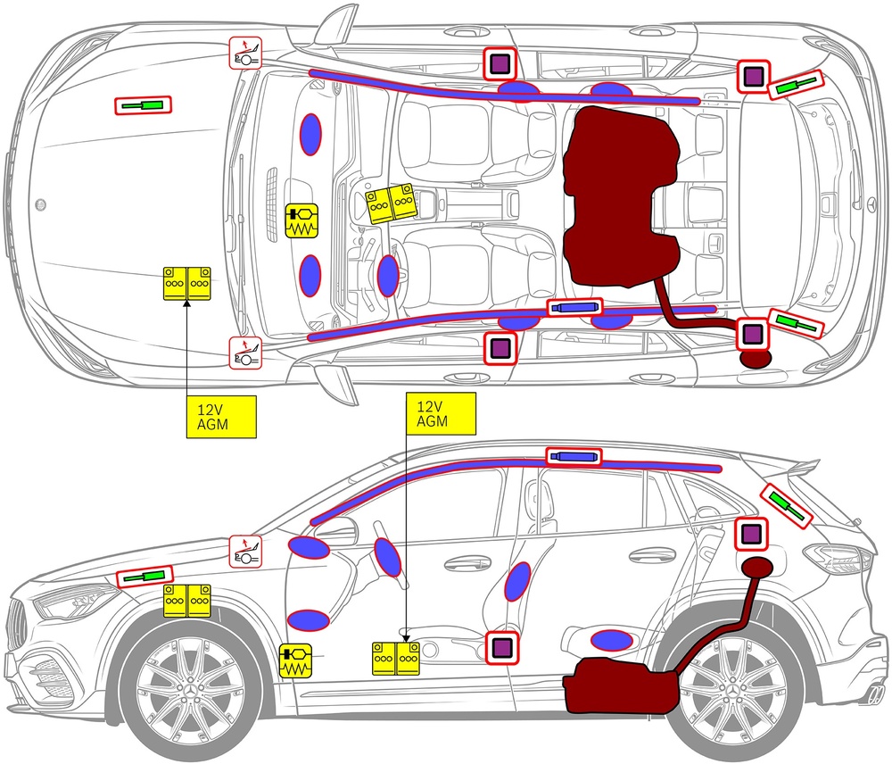 Line drawing of vehicle with markings of safety-relevant components and rescue points. 