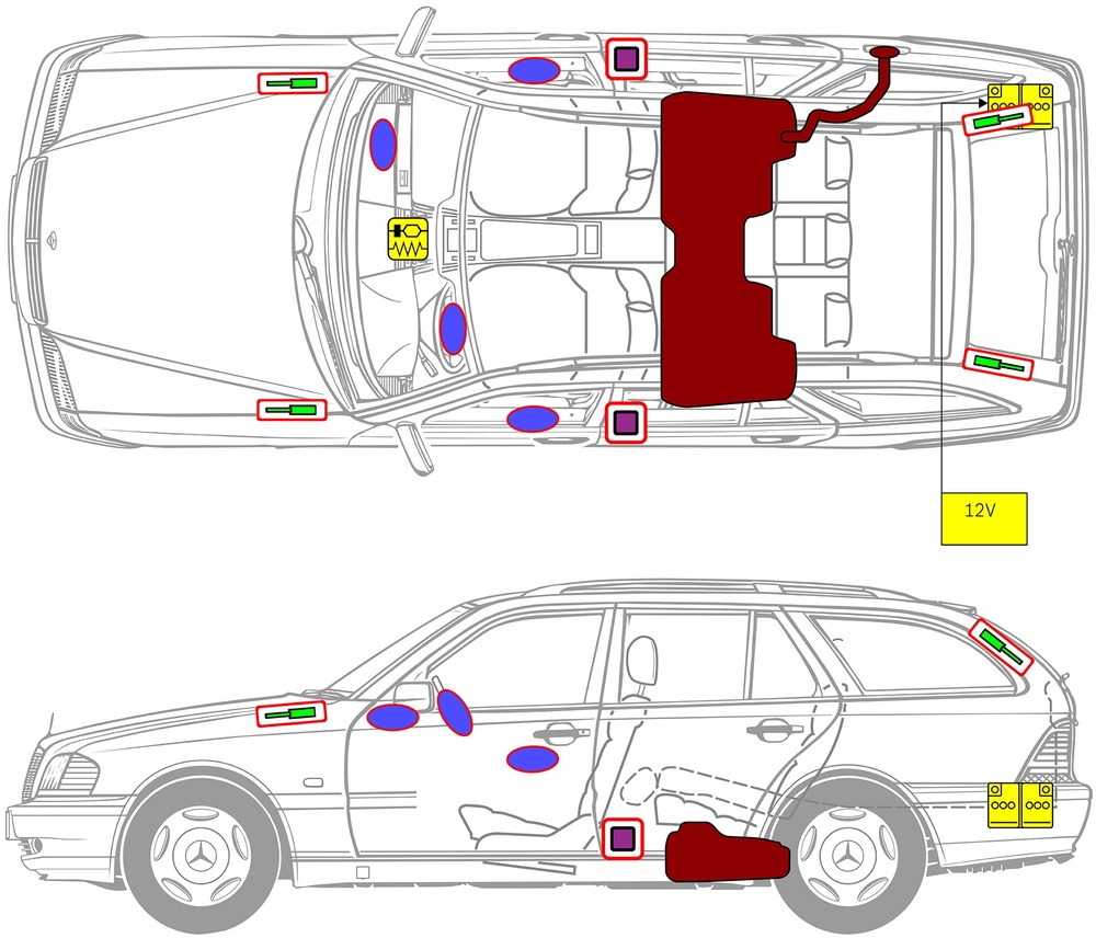 Line drawing of vehicle with markings of safety-relevant components and rescue points. 