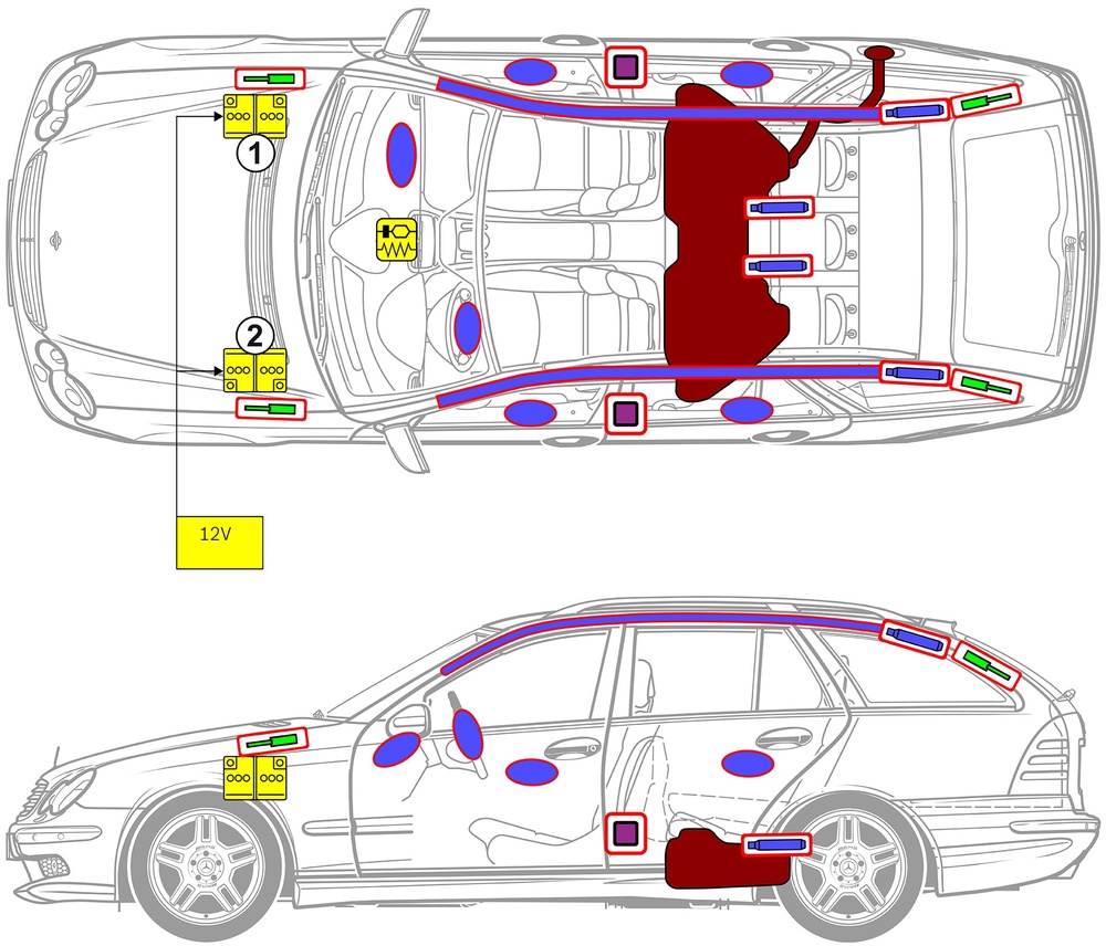Line drawing of vehicle with markings of safety-relevant components and rescue points. 