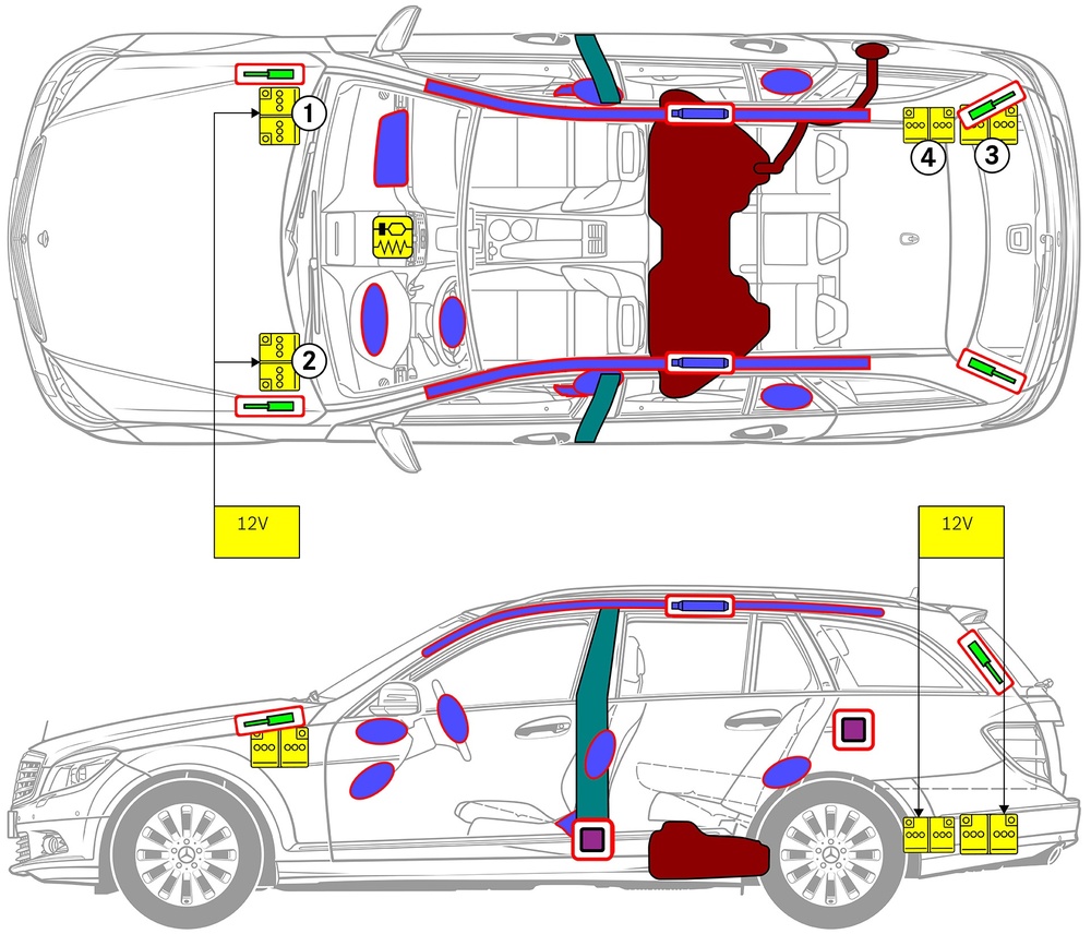 Line drawing of vehicle with markings of safety-relevant components and rescue points. 