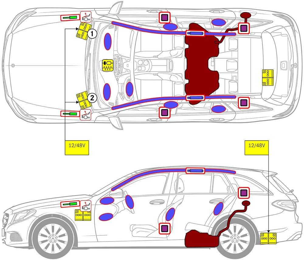 Line drawing of vehicle with markings of safety-relevant components and rescue points. 