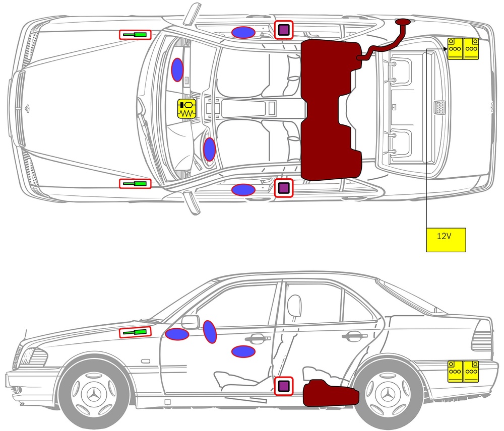 Line drawing of vehicle with markings of safety-relevant components and rescue points. 