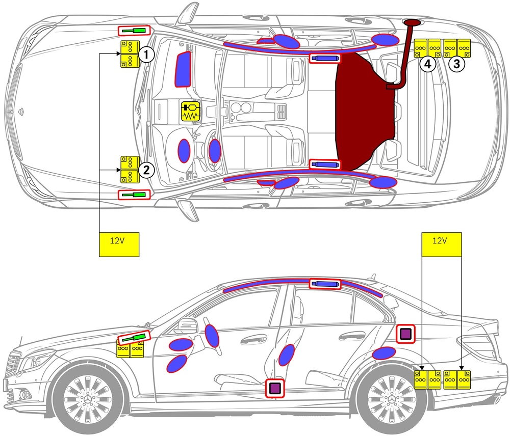 Line drawing of vehicle with markings of safety-relevant components and rescue points. 