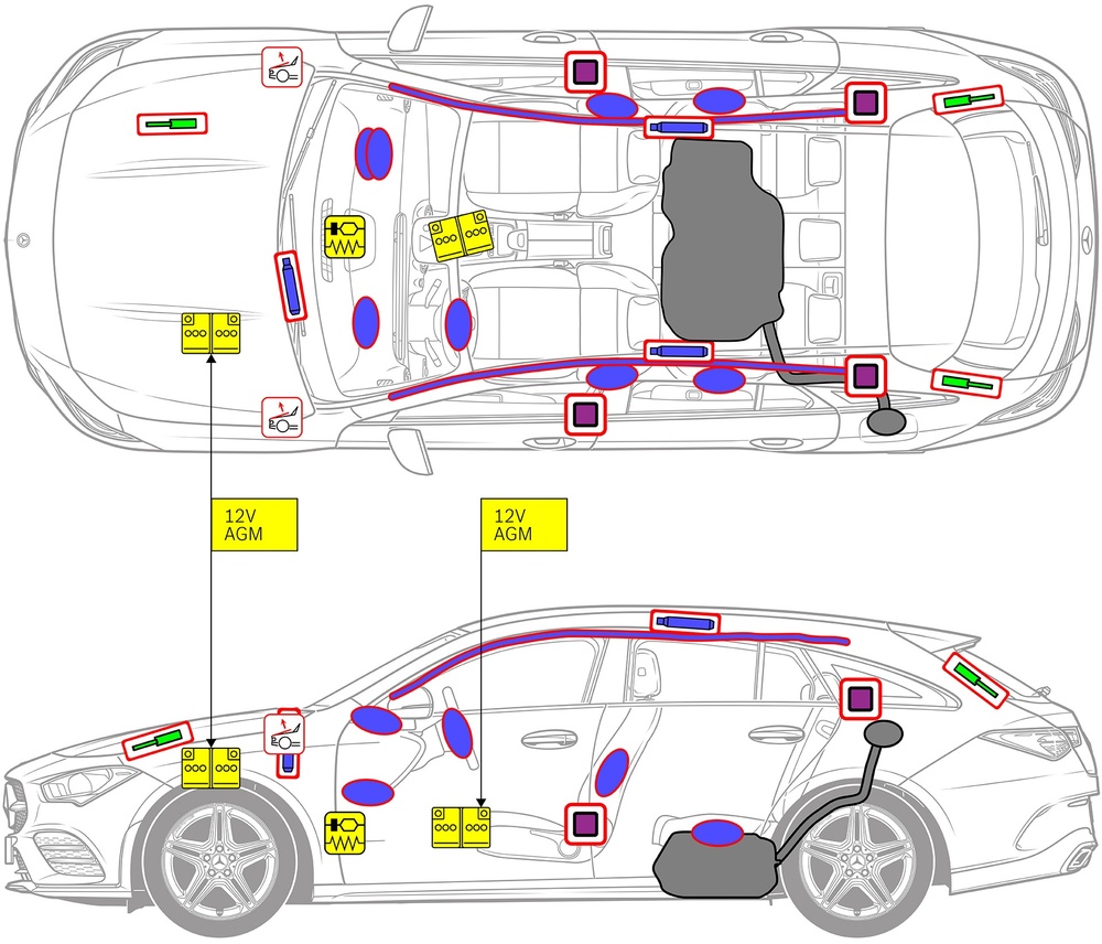 Line drawing of vehicle with markings of safety-relevant components and rescue points. 