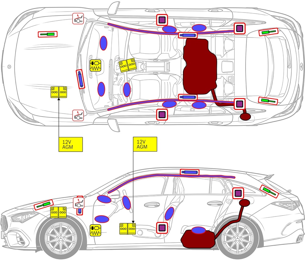 Line drawing of vehicle with markings of safety-relevant components and rescue points. 