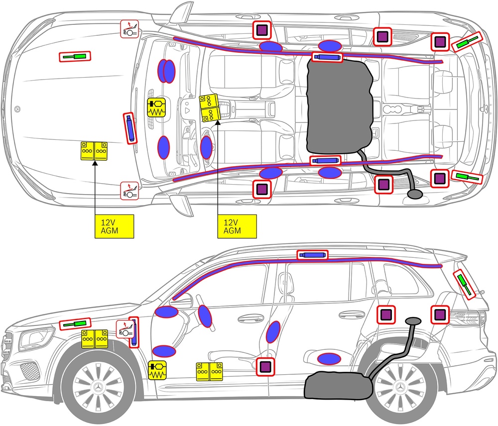 Line drawing of vehicle with markings of safety-relevant components and rescue points. 
