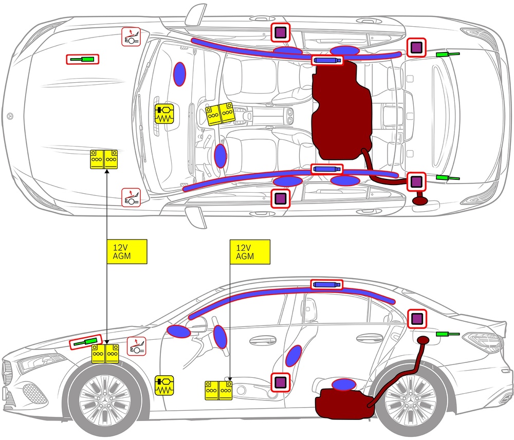 Line drawing of vehicle with markings of safety-relevant components and rescue points. 