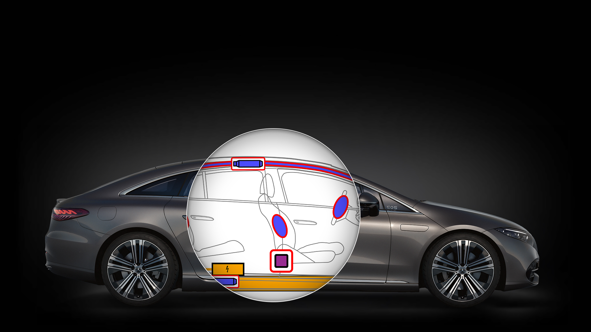 Illustration of a Mercedes-Benz vehicle with schematic illustration of airbags, batteries and other vehicle components relevant for rescue operations.