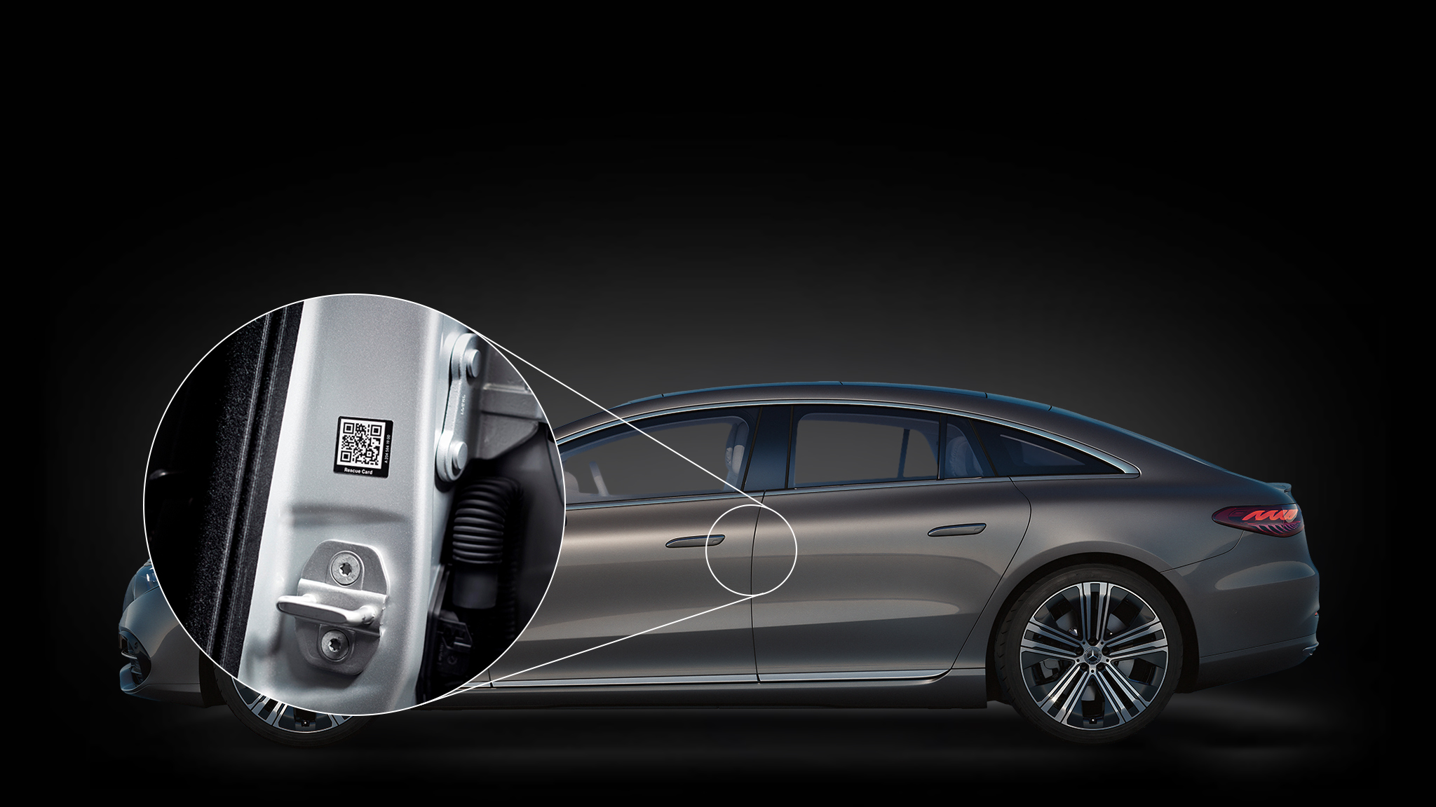 Illustration of a Mercedes-Benz vehicle with rescue sticker with QR code affixed to B-pillar.